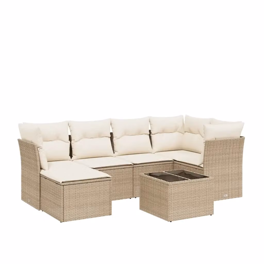 vidaXL Set Divani da Giardino 7 pz a Forma a L con Cuscini Beige e Tavolino, Struttura in Metallo e Polyrattan per Terrazza e Giardino – 2
