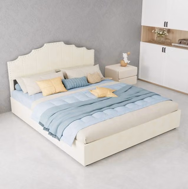 Letto contenitore 160x200 cm in legno e tessuto beige con rete idraulica e materasso –