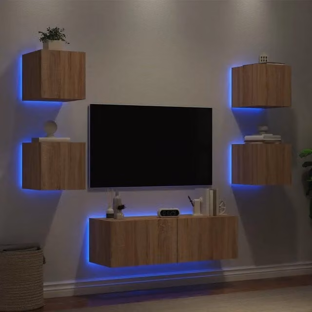 Set di mobili TV da parete vidaXL in legno rovere color marrone con luci LED integrate e scomparti multimediali per soggiorno