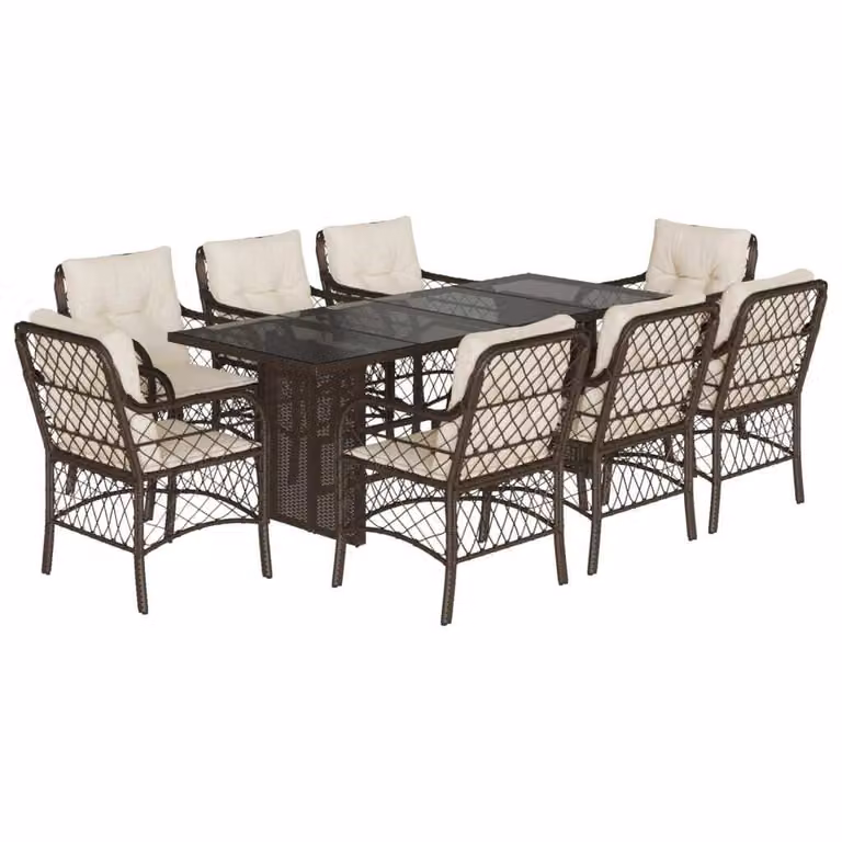 Set da Pranzo da Giardino 9pz con Cuscini Marrone in Polyrattan