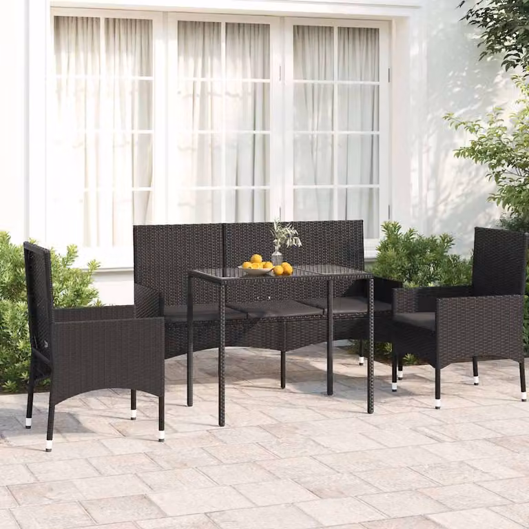 Set da giardino moderno vidaXL in rattan nero con piano in vetro per terrazzo e giardino