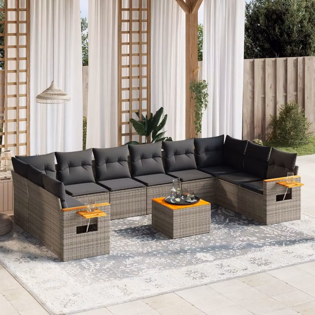vidaXL Set Divani da Giardino 11 pz in Polyrattan Grigio con Cuscini e Tavolino da Esterno – 1