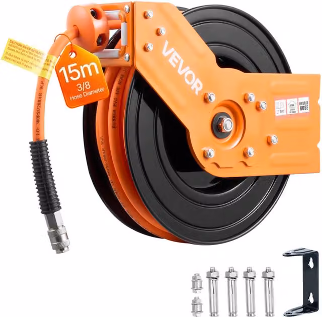 Avvolgitubo Automatico per Aria Compressa 15 m x 9,5 mm NT-A10, Pressione 20,7 bar, Montaggio Parete o Soffitto per Officina e Fai da Te