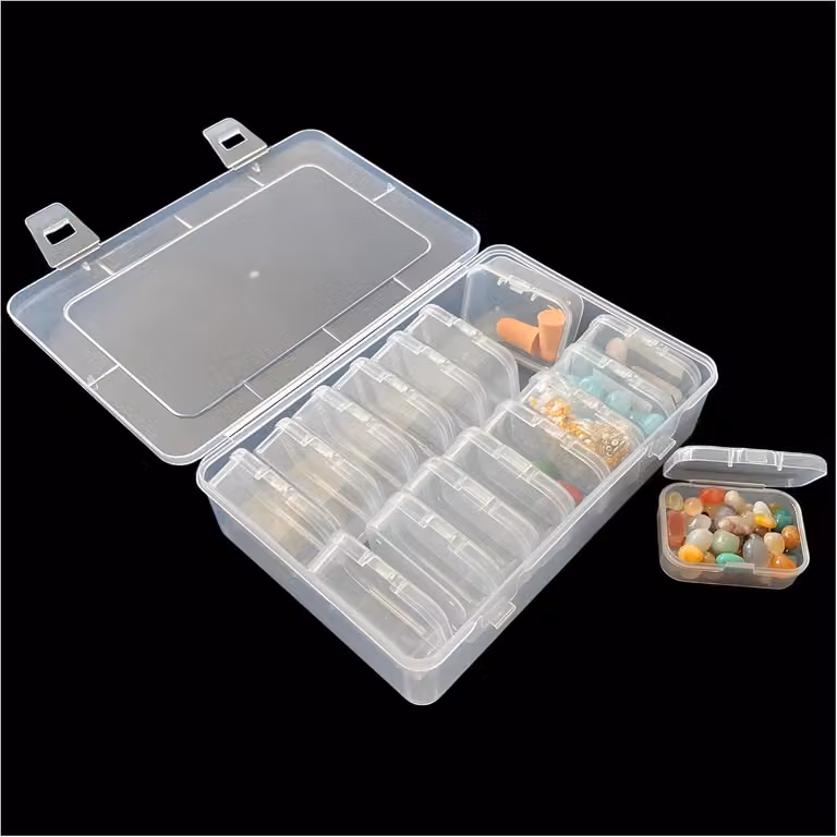 Contenitore di smistamento in plastica, composto da 16 elementi: 1 contenitore grande e 15 piccoli contenitori, ideale per l'organizzazione e la conservazione