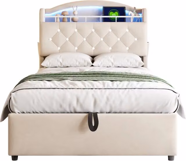 Letto singolo bambini 90x200 beige in tessuto peluche con contenitore， LED e USB， senza materasso