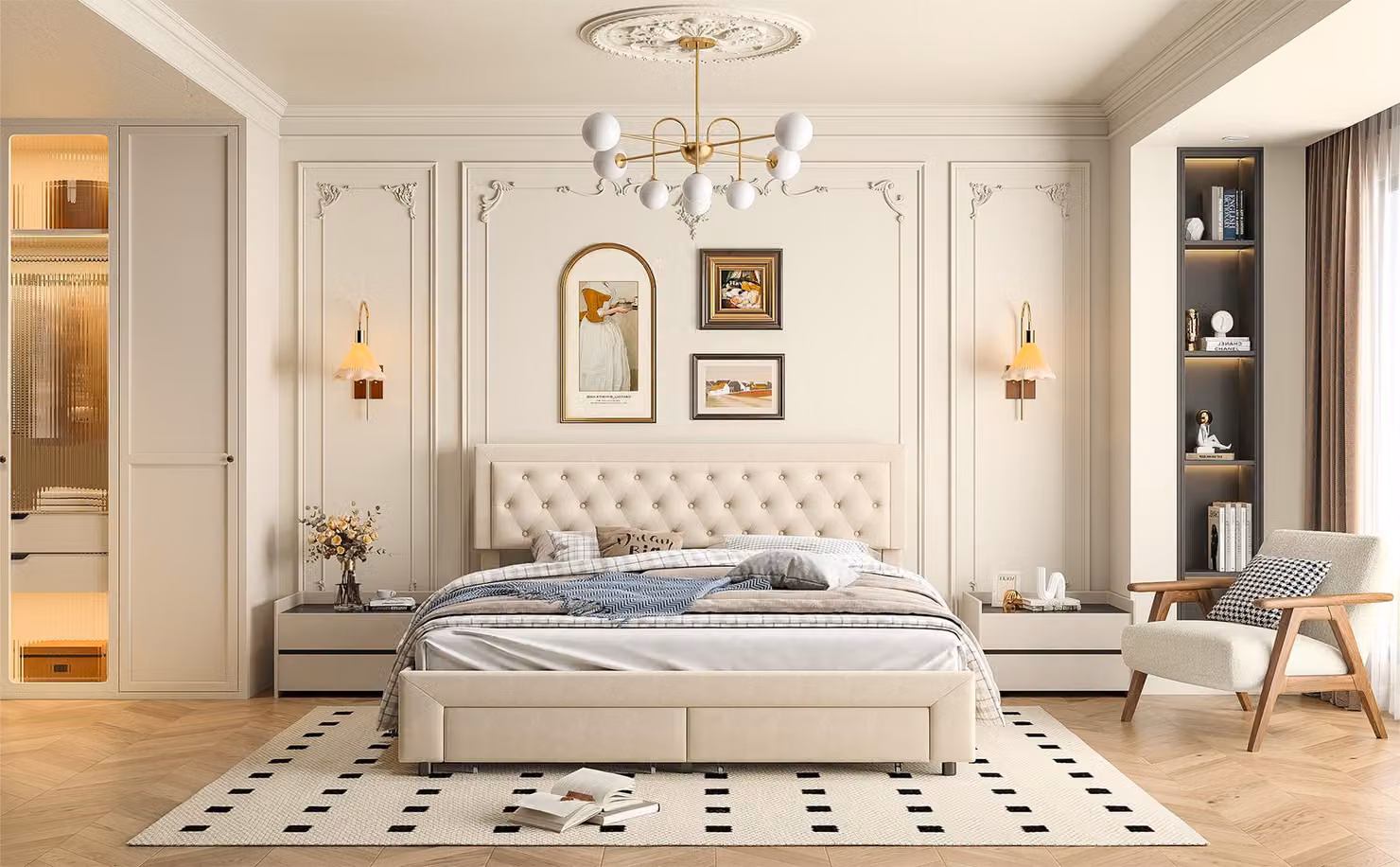 Letto matrimoniale 160x200 con contenitore e testata imbottita, cassetti in ferro, velluto, beige