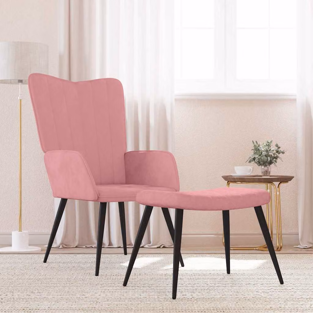Poltrona Relax con Sgabello vidaXL in Velluto Rosa con Braccioli e Struttura in Metallo