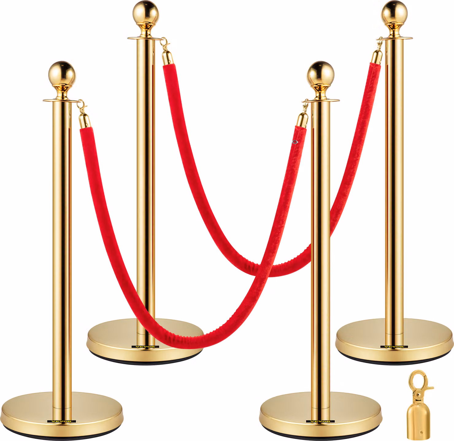 VEVOR sistema di controllo della folla in acciaio inox barriera palo corda demarcazione stand testa di palla 2 corde di velluto rosso colonna d'oro 4 confezione di barriere di controllo della folla