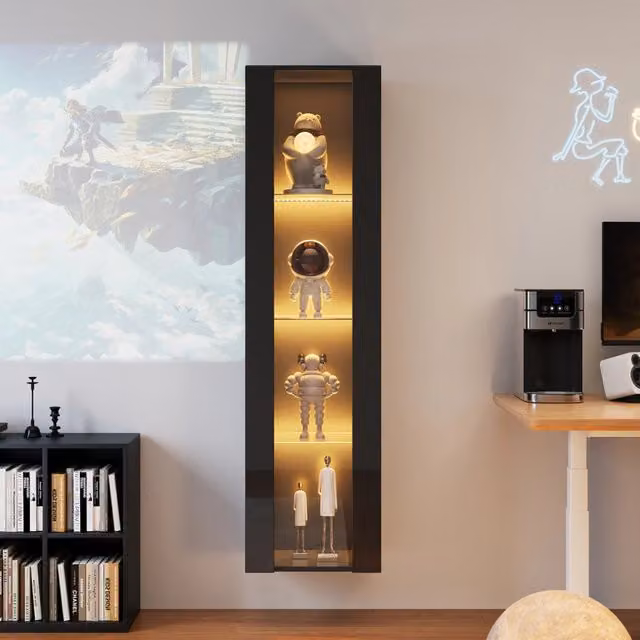 Vetrina multifunzione 40x29x170 cm, nera, design minimalista. Ripiani in vetro, pannello acrilico, illuminazione LED cambio colore con controllo APP. Montaggio a parete.