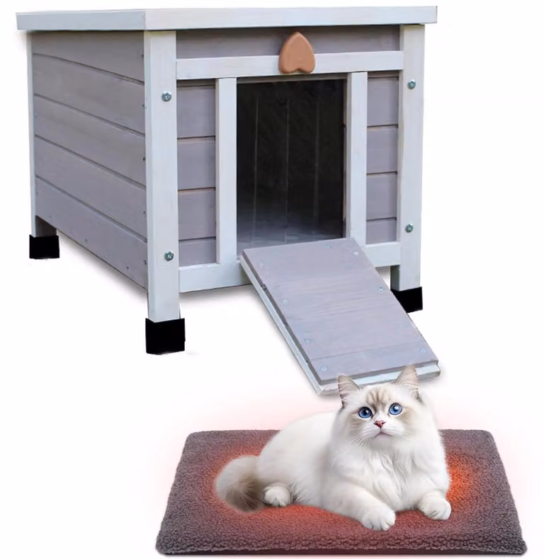 Cuccia esterna per gatti con cuscino, realizzata in legno resistente alle intemperie, adatta anche per conigli, dimensioni 42x51x43 cm, colore grigio