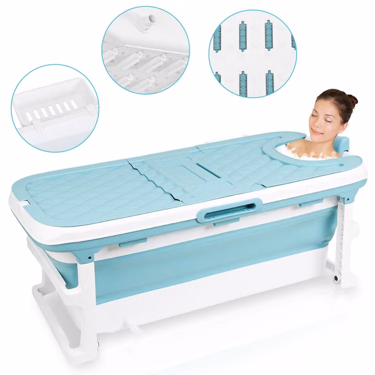 Vasca da bagno pieghevole per adulti, con coperchio e tubo di scarico, vasca pieghevole da 149 cm per il bagno