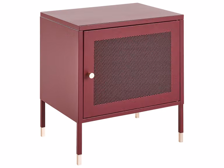 BELIANI Comodino rosso scuro in metallo struttura in acciaio rete metallica con ante design industriale camera da letto stoccaggio