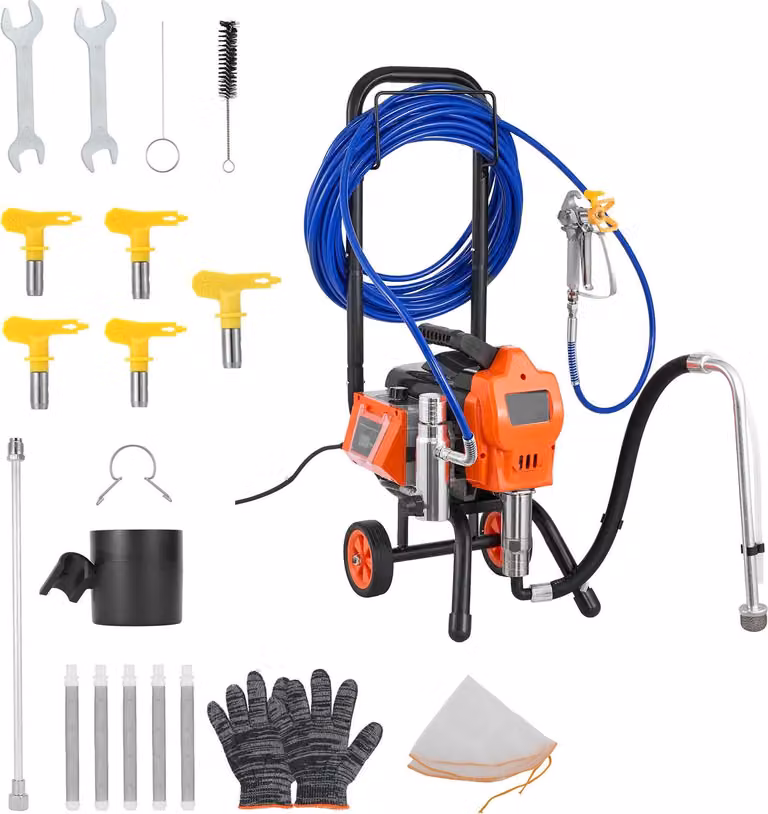 Spruzzatore airless SucceBuy con supporto, potenza di 1500 W e pressione di 3300 psi. Include spazzola di pulizia, tubo flessibile, asta di prolunga e ugelli. Ideale per l'uso in case ed edifici.