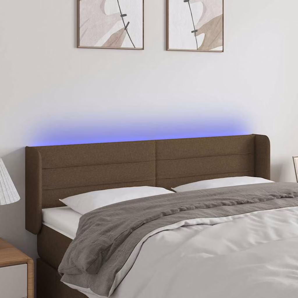 Testiera per letto vidaXL in tessuto marrone scuro con illuminazione LED integrata e porta di ricarica USB, L: 147 cm, P: 16 cm, H: 78-88 cm