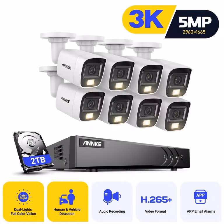 Sistema di videosorveglianza 3K con telecamere HD, videoregistratore digitale (DVR) a 16 canali, microfono e visione notturna con doppia illuminazione
