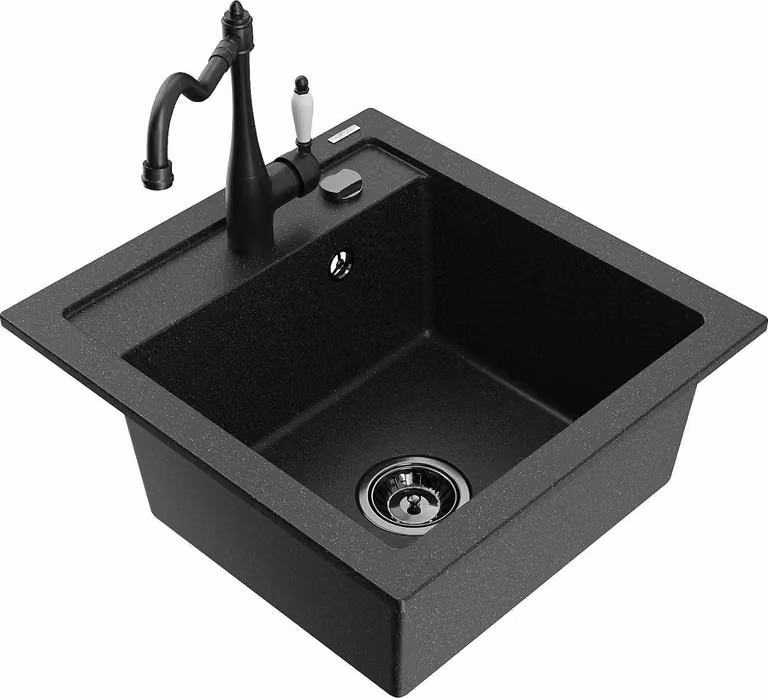 Mexen Vito lavello in granito a 1 vasca con miscelatore cucina Carla, nero/argento metallizzato - 6503-73-670700-70-B