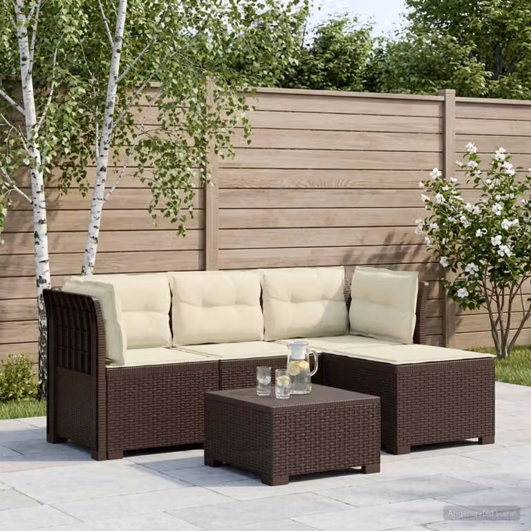 Divano da giardino a L vidaXL per 4 persone in polyrattan marrone con cuscini beige e coperture rimovibili