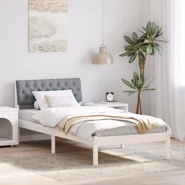 Struttura letto con giroletto e rete in legno di pino e tessuto bianco e grigio chiaro 90 x 190 cm – 1