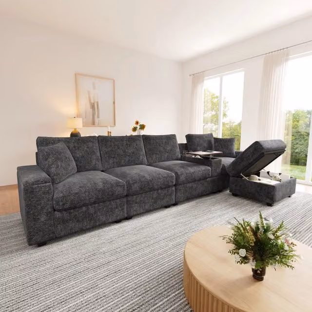 Divano angolare modulare REDOM grigio con porta bicchieri e ricarica USB L/P/H: 313 x 147 x 82 cm