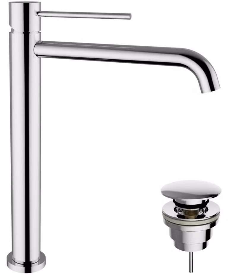 Schläfer 28505013 | Miscelatore Monocomando per Lavabo Alto Bagno serie Fonte25 con Scarico click-clack 1"1/4, Rubinetto Monoforo Lavandino Bagno cartuccia diam25mm Cromo Argento, Italy