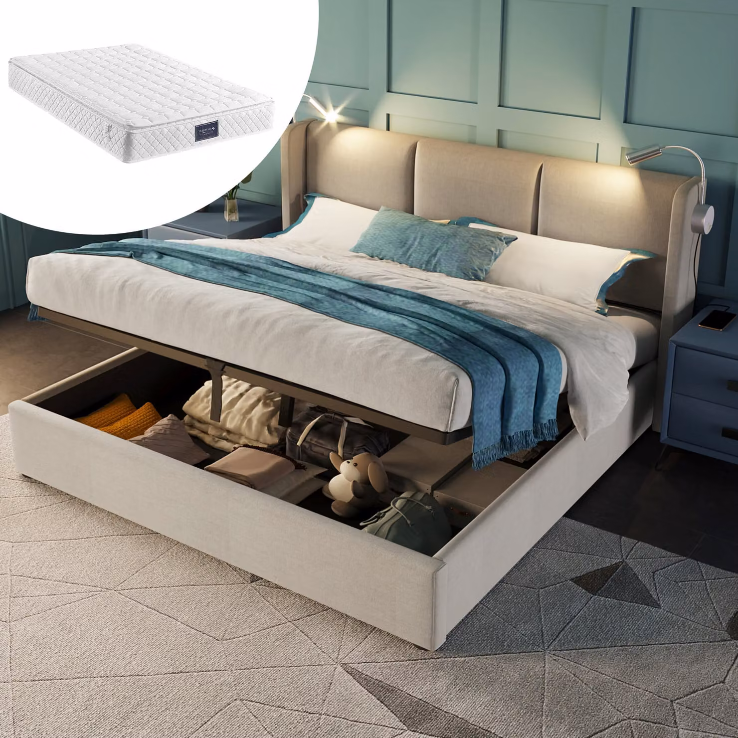 Letto imbottito okwish 160x200, letto matrimoniale con contenitore, cassettiera sotto il letto, lampada da lettura con ricarica USB, testiera, contenitore sotto il letto, struttura del letto, biancheria da letto per ragazzi color beige (con materasso)
