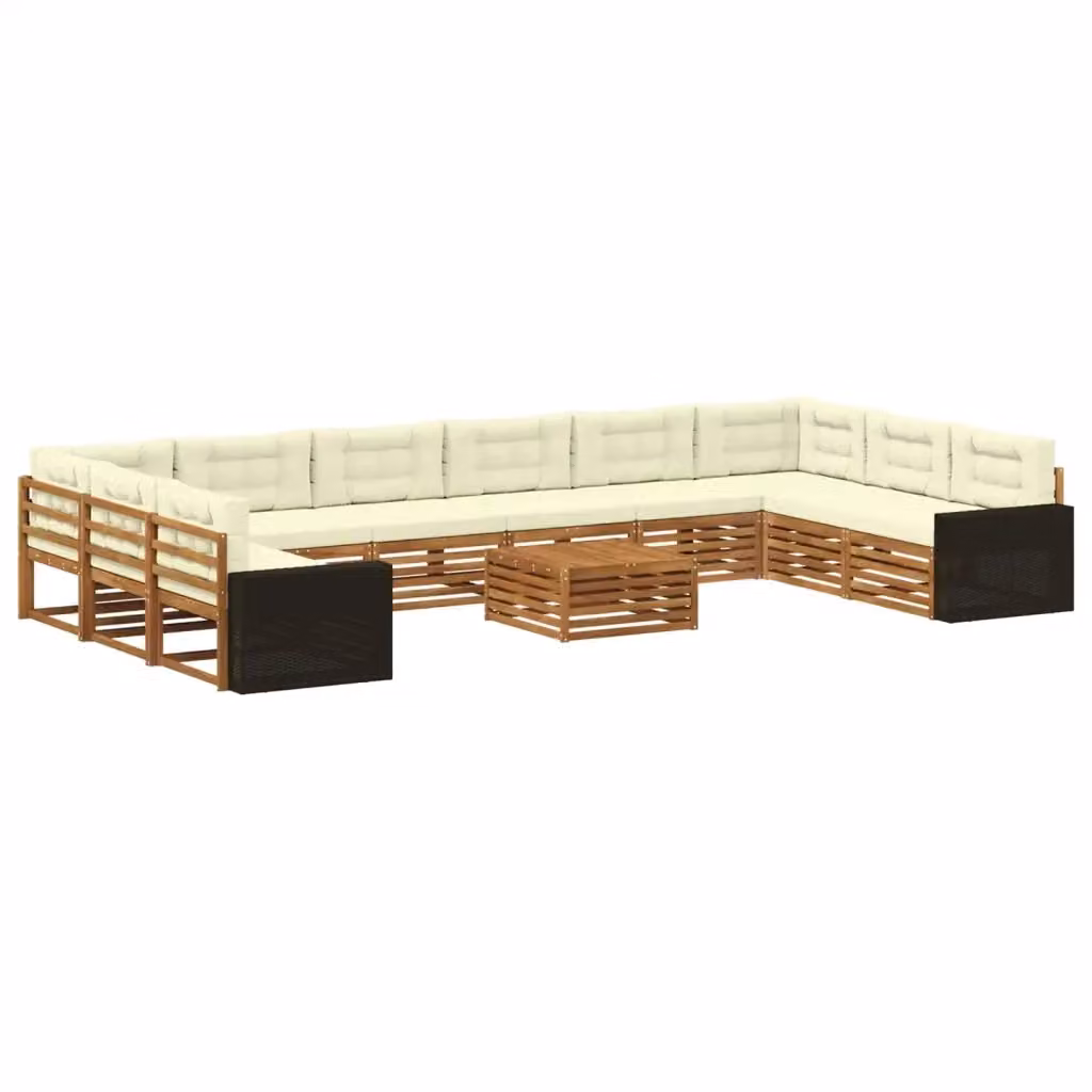 Set di divani da giardino a forma di U vidaXL in legno di acacia massello con cuscini beige e marrone, 11 pezzi – 2