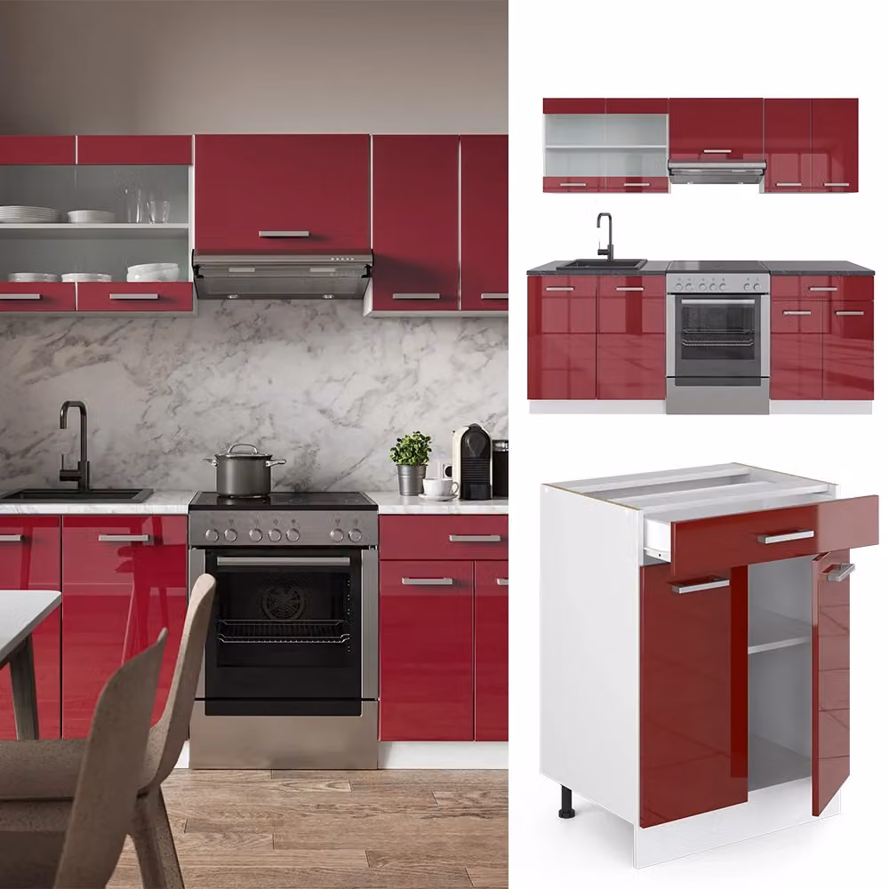 Cucina componibile moderna R-Line Vicco, Rosso lucido e Bianco, L: 200 cm – 2