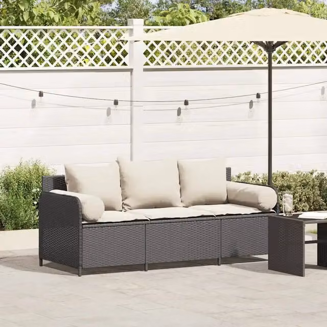Divano da Giardino a 3 Posti con Cuscini-Sofa da Giardino-Divano da esterno Nero in Polyrattan 466303