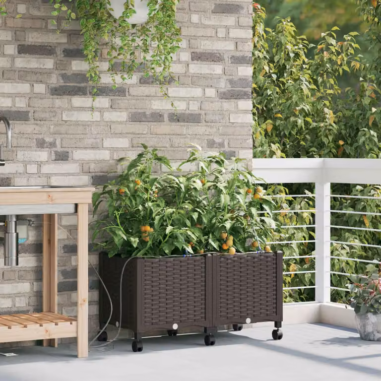 Set di 2 vasi da giardino con irrigazione e ruote vidaXL, colore marrone, in plastica
