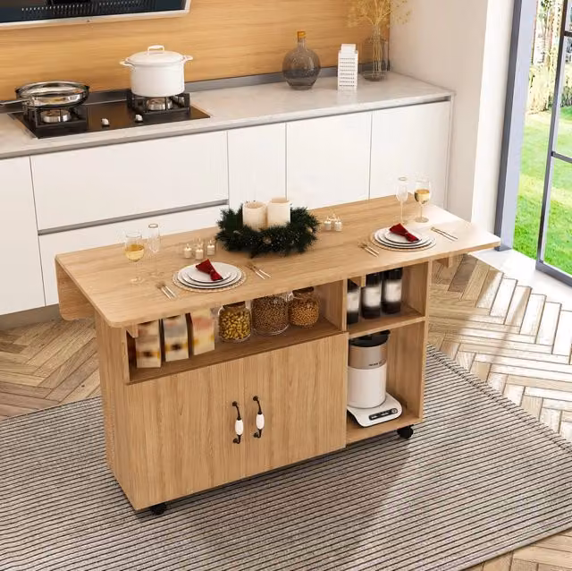 Tavolo da pranzo pieghevole ULEVR 110x70x80 cm con vano e ripiani, 5 ruote di cui 4 bloccabili, rovere chiaro
