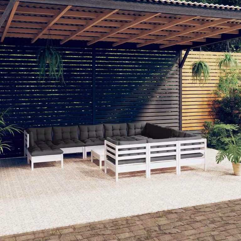 vidaXL Set Divani da Giardino Moderno a Forma di U in Legno di Pino con Cuscini, Colori Bianco, Antracite e Grigio