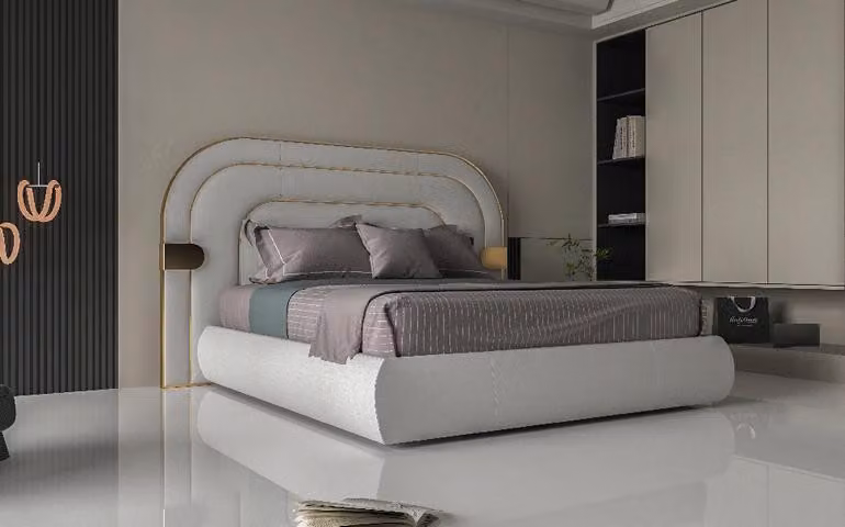 Hellgraues Doppelbett Designer Schlafzimmer Textilbett Bettgestell