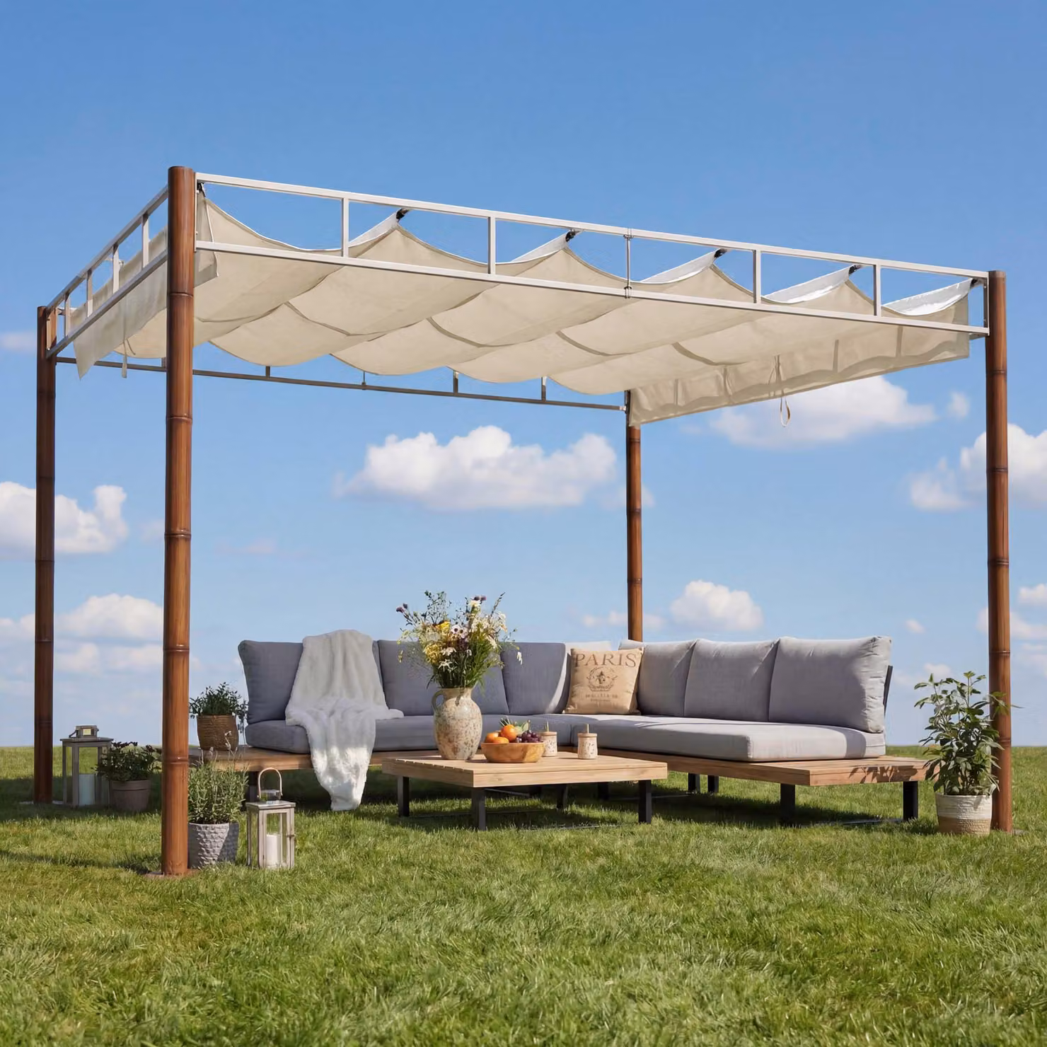 Pergola MCW-L42, gazebo da giardino, copertura per terrazza, robusto telaio in metallo da 7 cm, 3x3 m, effetto bambù ~ bianco crema