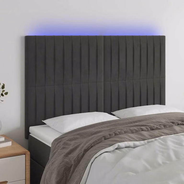 Testiera per letto vidaXL in velluto grigio con illuminazione LED e porta di ricarica USB, L: 144 cm, P: 5 cm, H: 118-128 cm