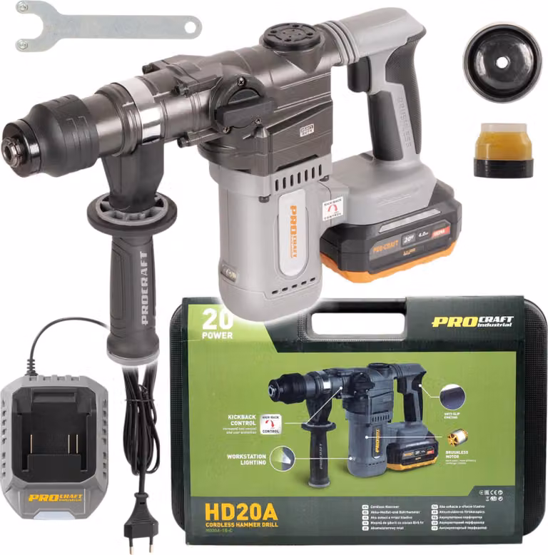 Procraft Industrial HD20A Trapano a percussione a batteria 20 V 3,8 J Brushless + 1x batteria 4,0 Ah + caricabatteria + valigetta