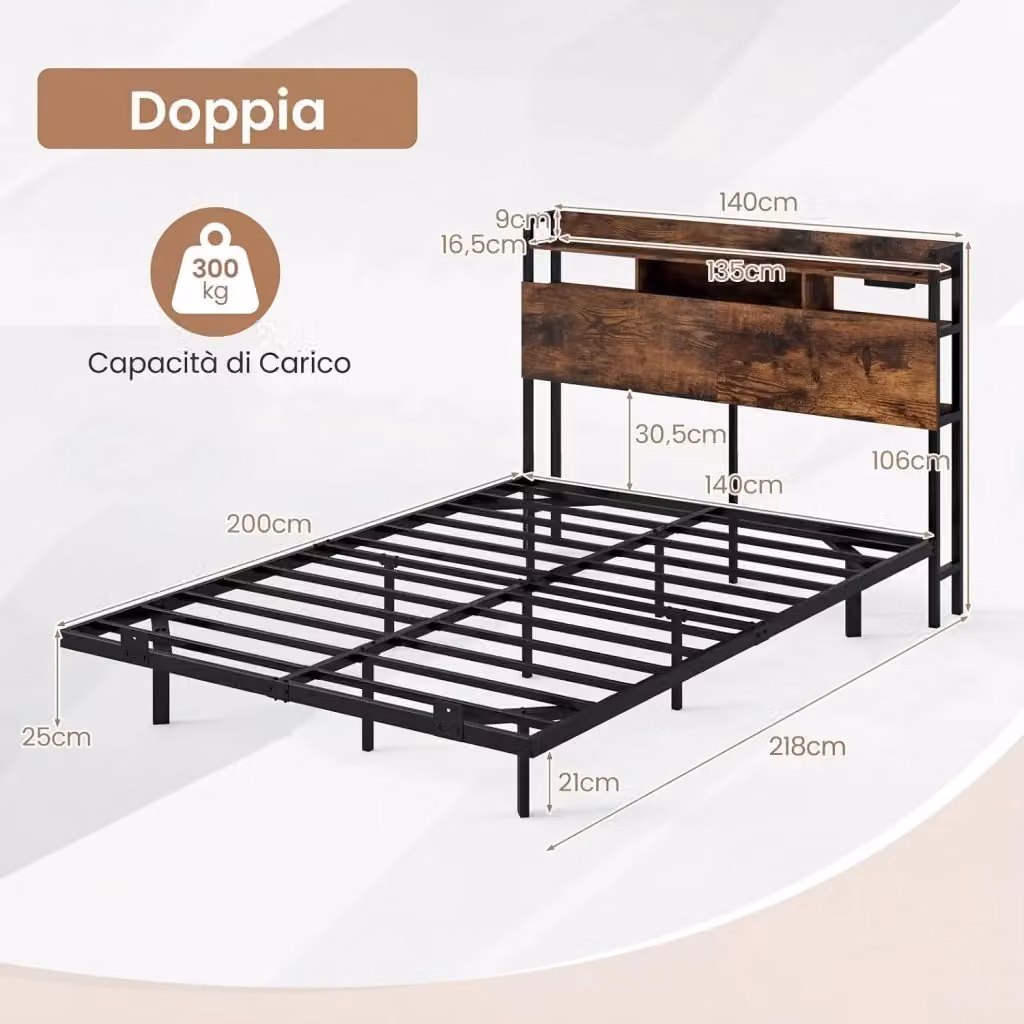 Letto Matrimoniale Fluttuante Costway in Metallo con Luci LED, Porta USB e Testiera con Contenitore, Stile Industriale, L/P: 140 x 200 cm – 2
