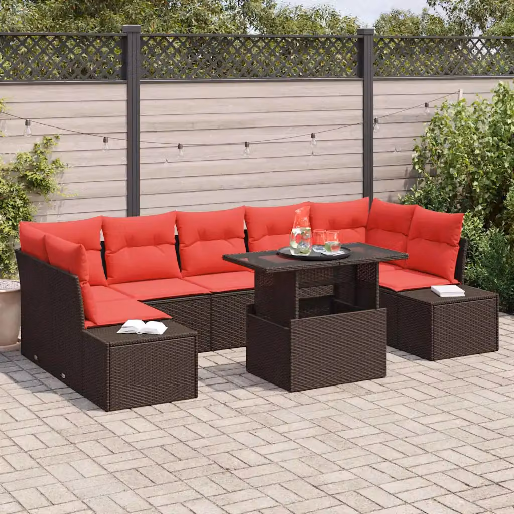 Set Divano da Giardino vidaXL 8 Pezzi a Forma di L con Tavolino, Marrone e Rosso