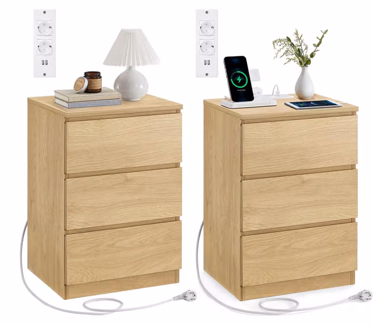 Tavolino da notte VASAGLE con presa multipla, 3 cassetti e 2 prese di corrente