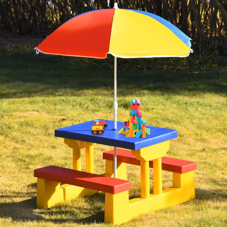 Costway Set Tavolo da Picnic per Bambini con Panche e Parasole Pieghevole Multicolore L: 67 cm, P: 41 cm, H: 47 cm