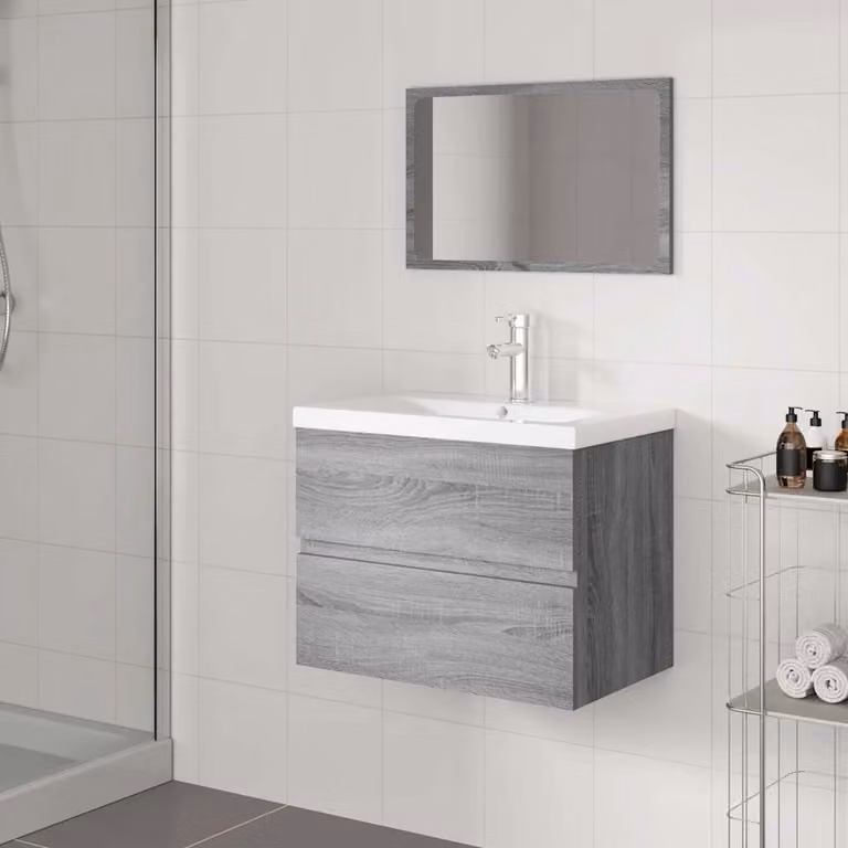 Set di mobili da bagno vidaXL moderno con mobile lavabo e armadietto specchio in legno e plastica, Grigio e Bianco, L/P/H: 60,0 x 38,5 x 45,0 cm