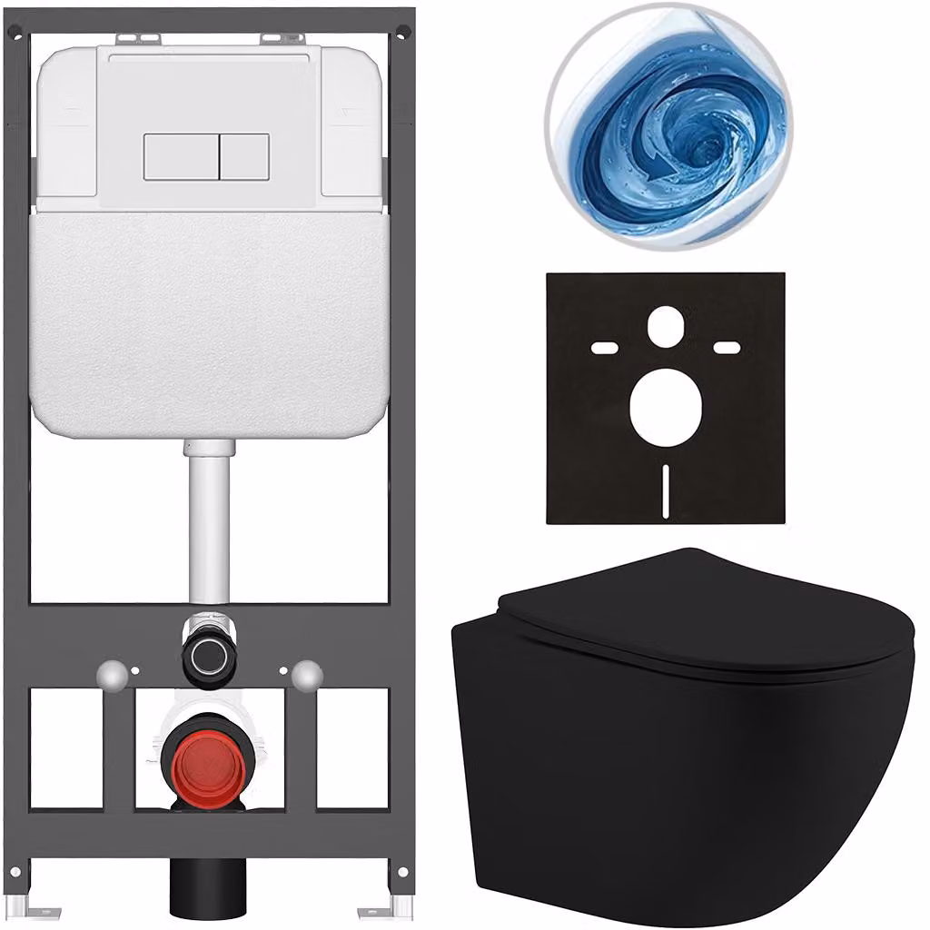 CERANO - Set WC da incasso Cesso - nero opaco - pulsante Prime/Modulo, bianco - sospeso - installazione pre-parete/cartongesso - 49x36 cm
