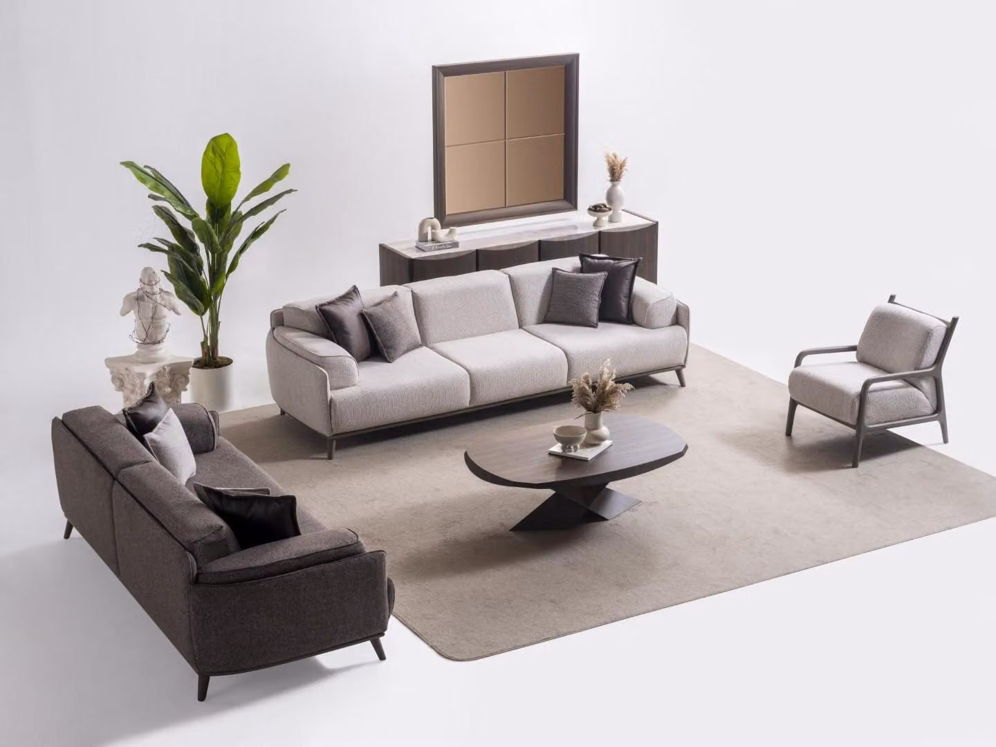 Elegantes braunes Wohnzimmer Set aus Holz mit Polsterung und modernem