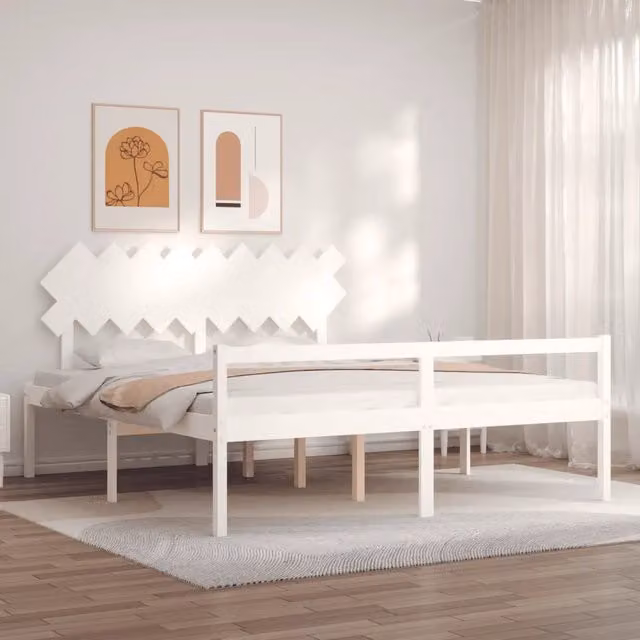 Letto per Anziani con Testiera-Struttura Letto per Anziani Bianco Super King Legno Massello 403075