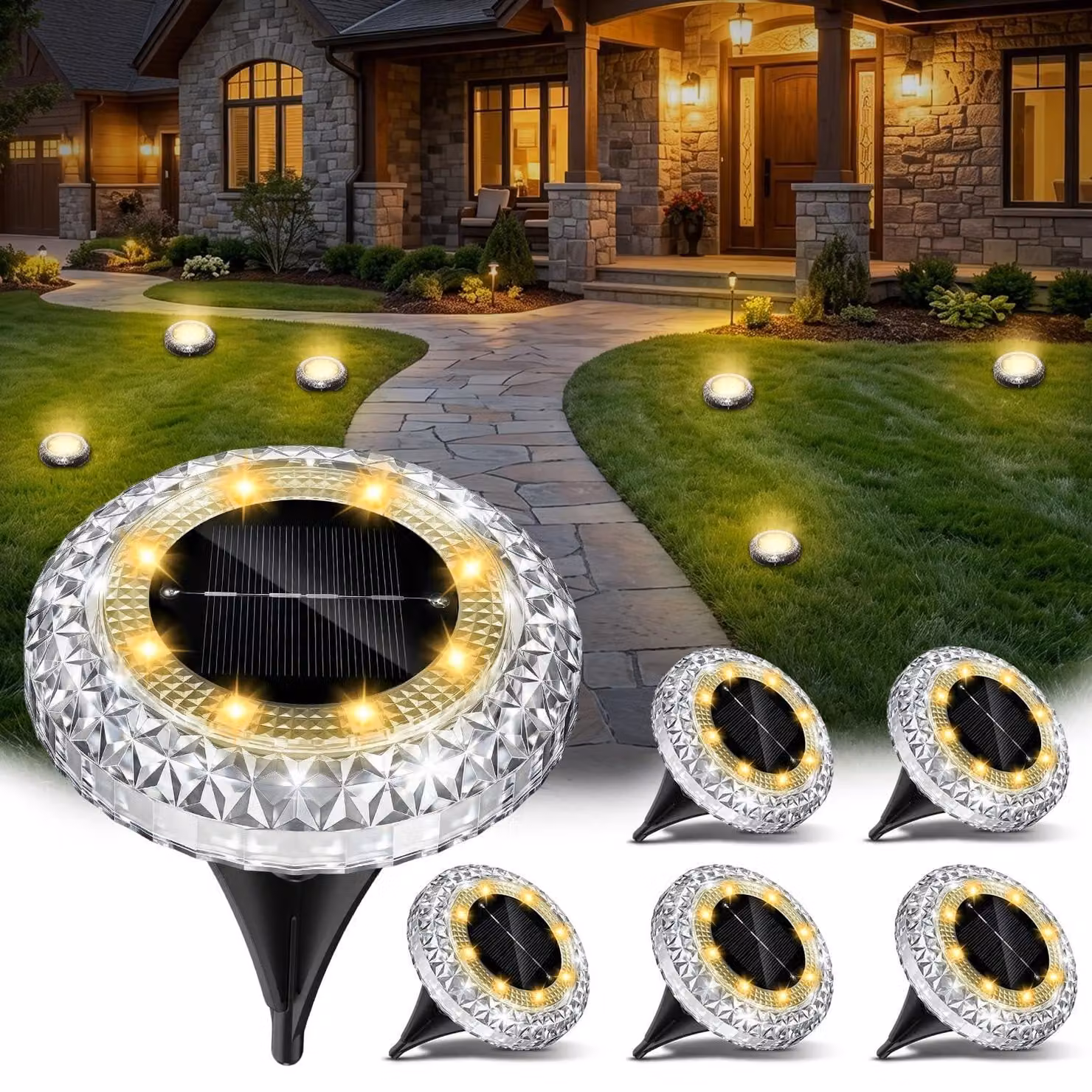 Set di 6 lampade da giardino solari, luce bianco caldo, 8 LED, grado di protezione IP65
