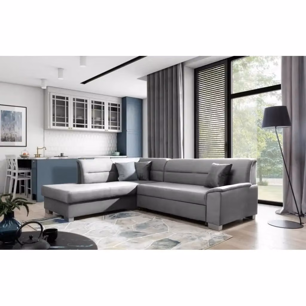 Divano angolare convertibile TROMSO grigio effetto velluto con contenitore e funzione letto, angolo sinistro – 2