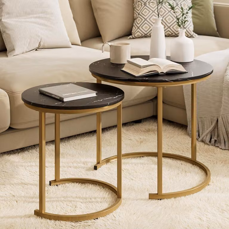 Set di 2 tavolini da divano, forma rotonda, colore nero e oro, effetto marmo, struttura in metallo