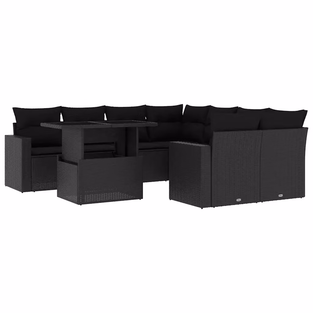 vidaXL Set Divani da Giardino a L 9 pz con Cuscini e Tavolino Nero in Polyrattan e Acciaio – 2
