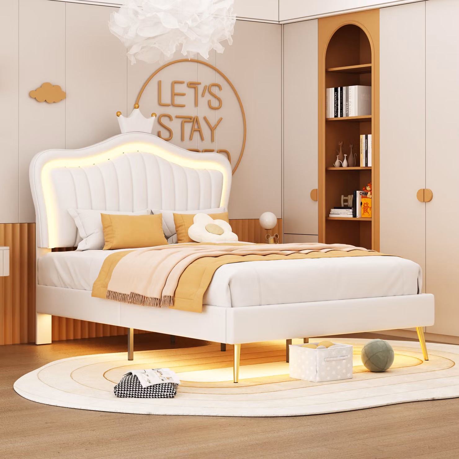letto imbottito okwish 90 x 200 cm, struttura letto bianco crown letto singolo in Finto cuoio con luci LED, griglia a doghe e schienale (senza materasso)