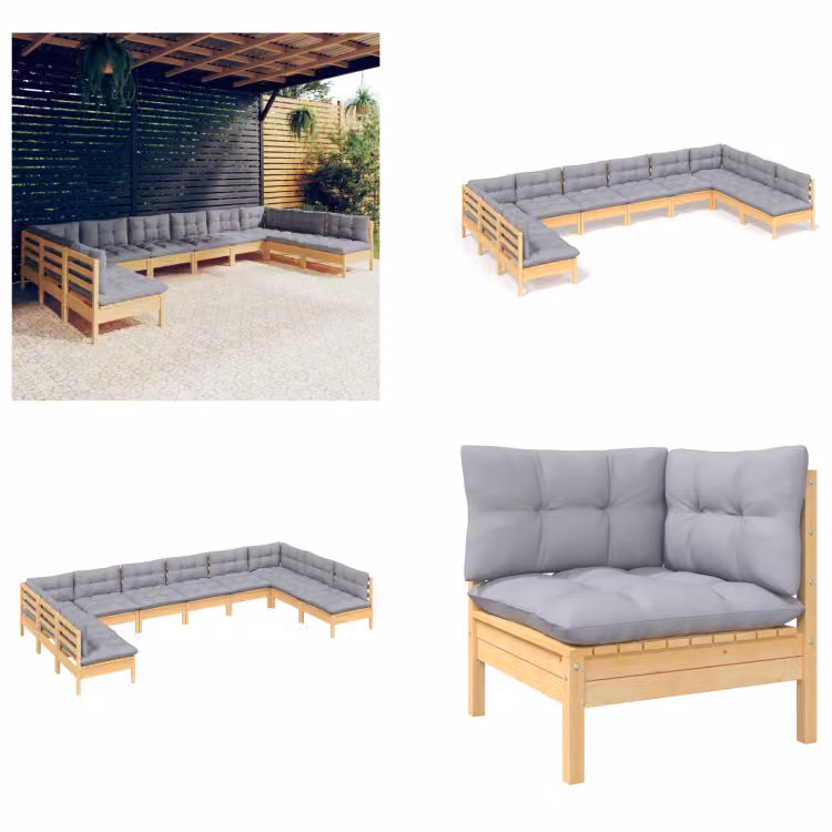 vidaXL Set salotto da giardino 10 pezzi con cuscini grigi in pino massiccio - Set salotto da giardino - Set salotto da giardino - Set mobili da giardino - Set mobili da giardino