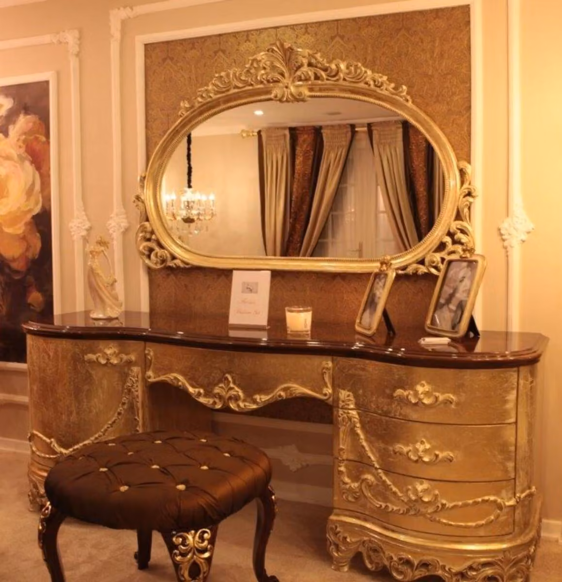 Casa Padrino - Cameretta barocca marrone / oro - 1 tavolo da toilette & 1 specchio & 1 sgabello con pietre scintillanti - Magnifici mobili da camera da letto in stile barocco - Qualità lussuosa
